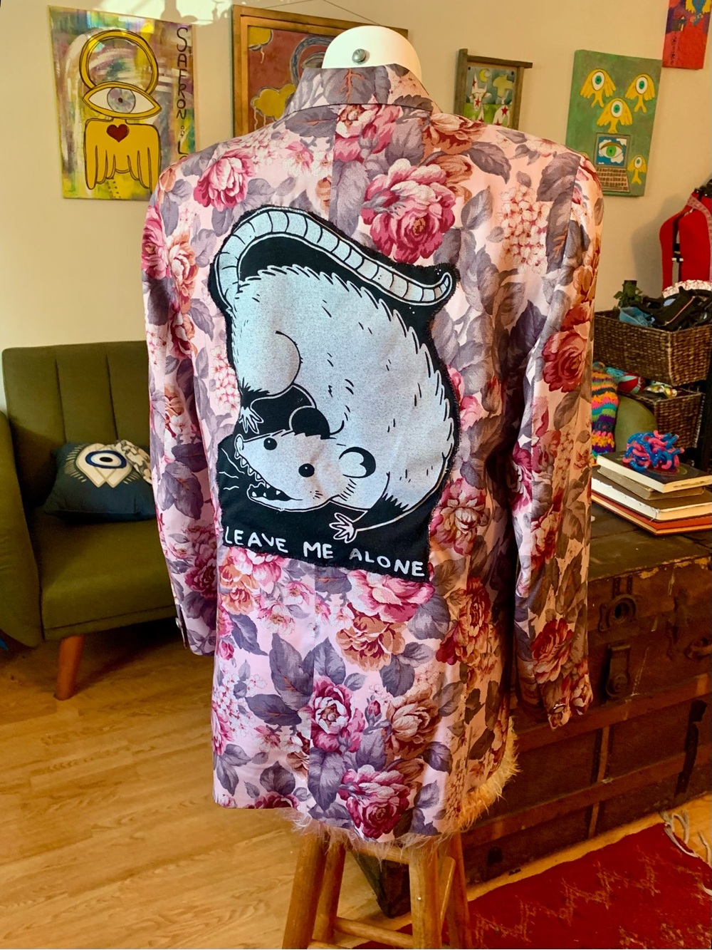 Floral Pink Blazer with 'Leave Me Alone' Opossum Patch
